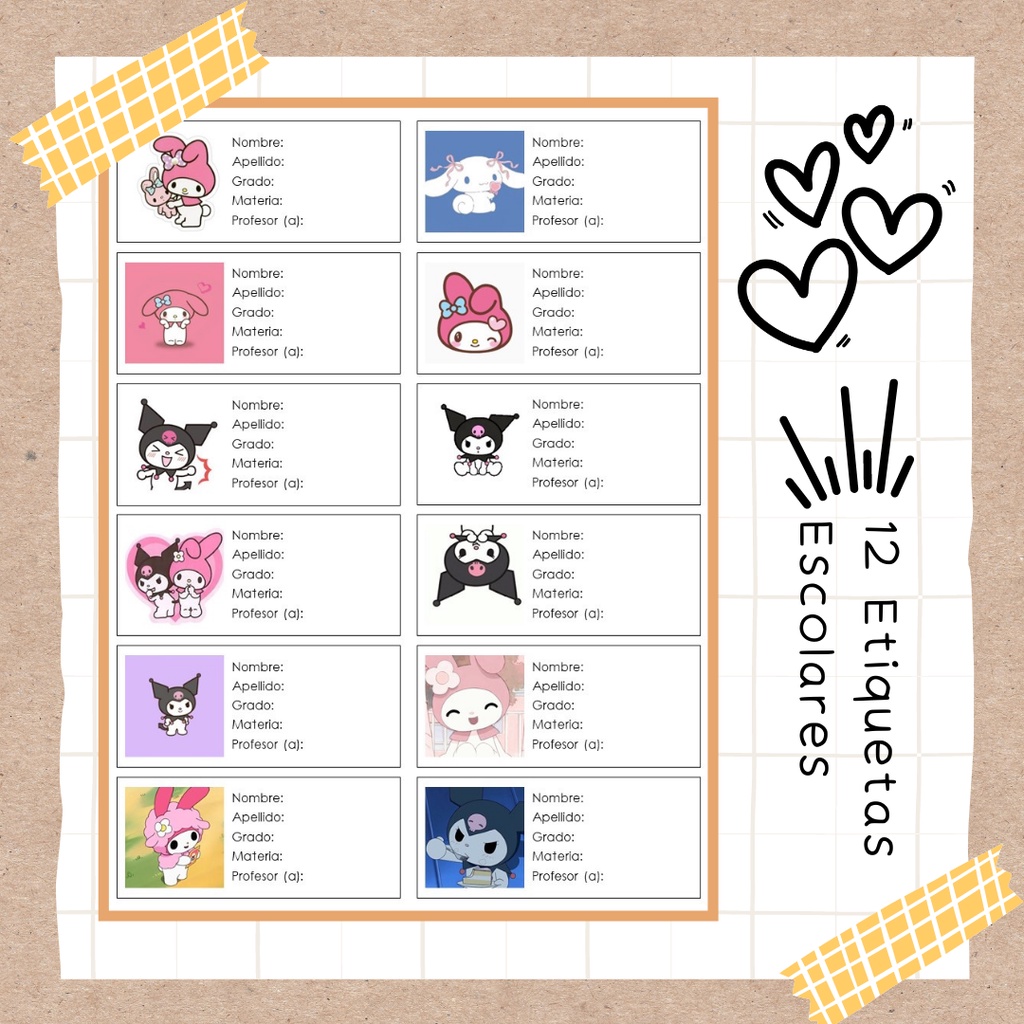 Etiquetas Escolares 12 Pegatinas Para Cuadernos Y Libros My Melody Kuromi Shopee México 