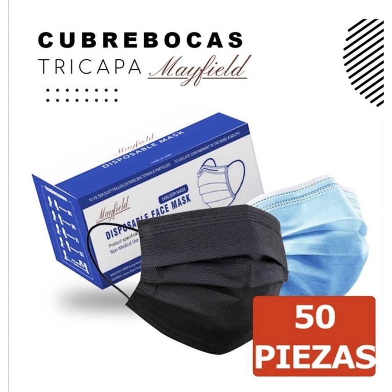 Cubrebocas tricapa marca Mayfield color negro, negro con fondo blanco (grueso) caja 50/100 pz