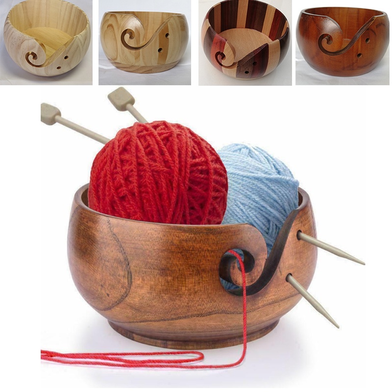 POHOVE Cuenco de hilo de bambú hecho a mano tapa plana cuenco de almacenamiento de lana con agujeros tallados para tejer a ganchillo 