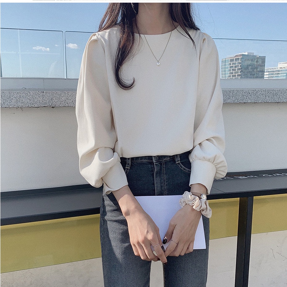 Aimei blusa mujer manga larga multiusos Simple cuello redondo Color sólido  | Shopee México