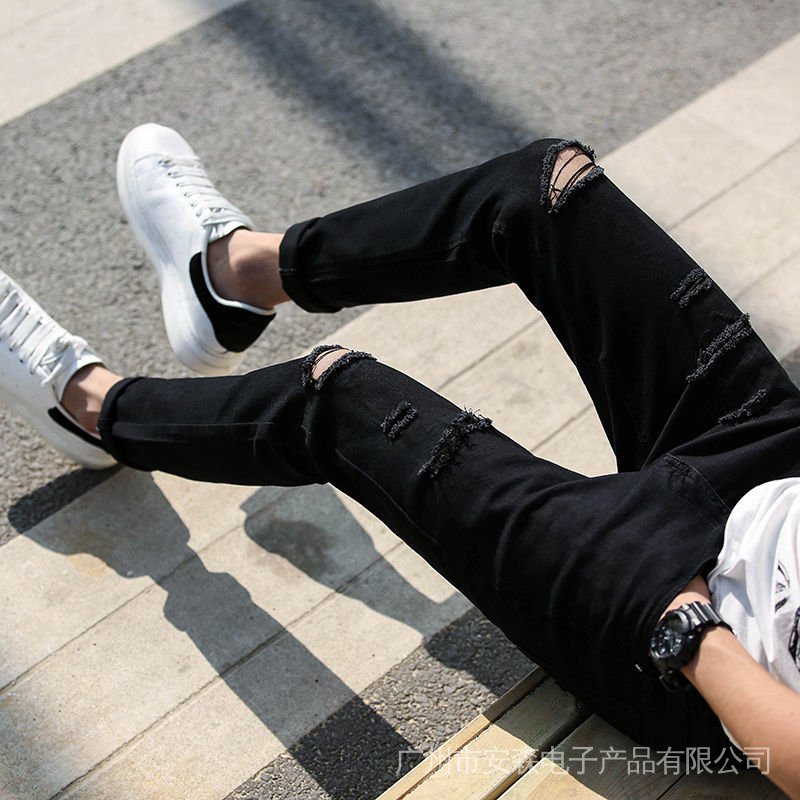Pantalones Vaqueros Rasgados De Estilo Fino Negro Primavera Verano Ajustado Rodilla Roto Hombre Versión Coreana Moda Todo Combinado Nueve | Shopee