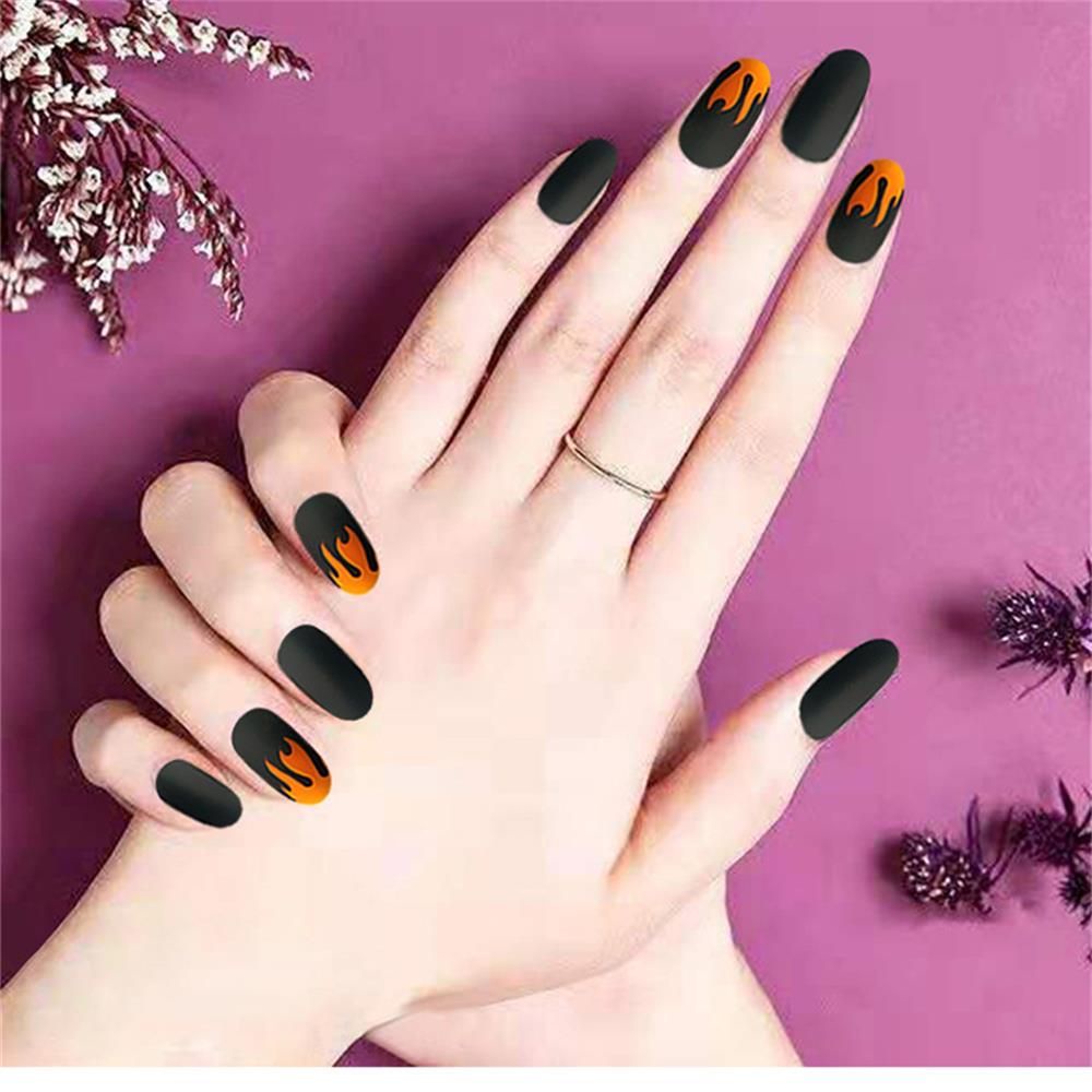 Max 24 Piezas Profesional De Manicura Herramienta Mate Cubierta Completa Fuego Llama Unas Puntas Belleza Punk Fuego Patron Clasico Natural Corto Cabeza Redonda Unas Falsas Shopee Mexico