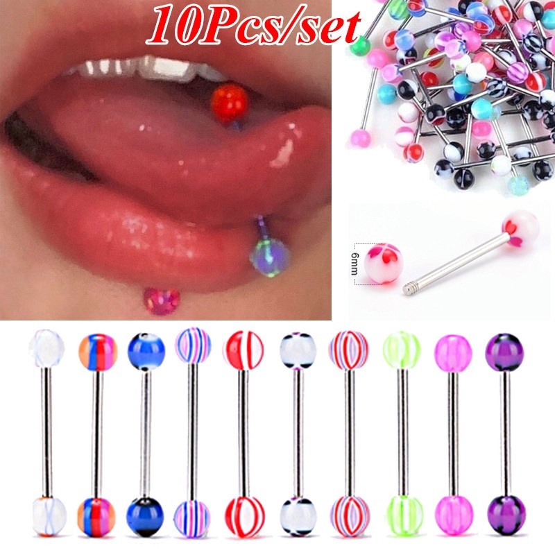 10 pzs piercings de lengua de acero inoxidable con barra de lengua