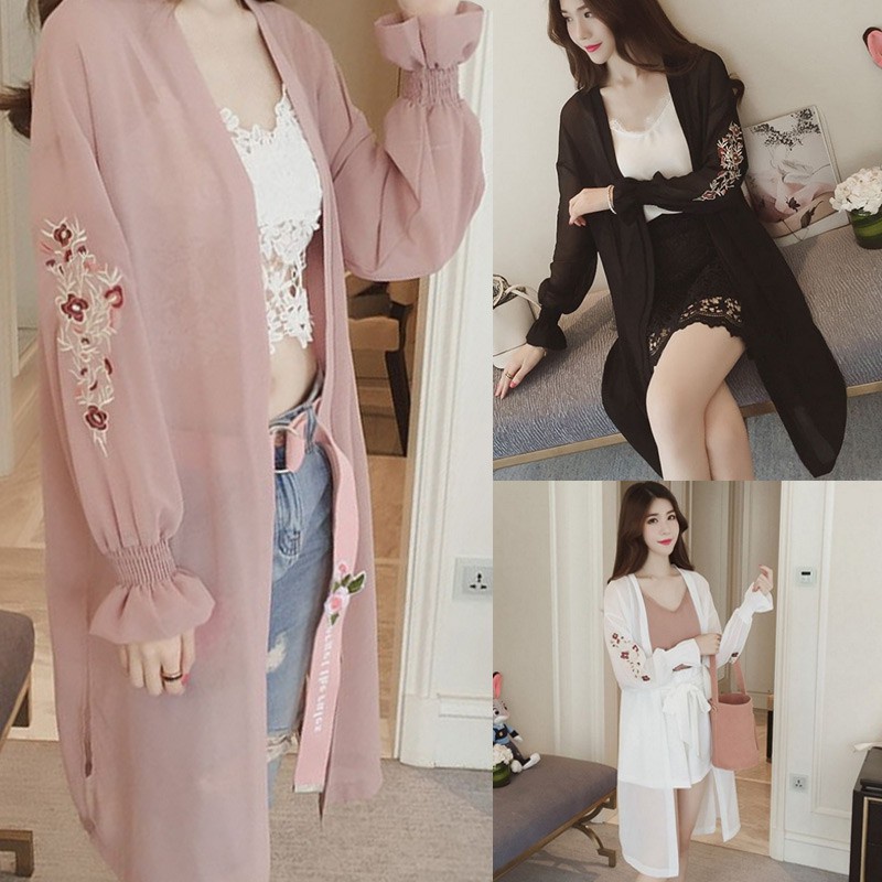 Women Kimono Chiffon Cardigan Floral Embroidery Flare Sleeve Summer Spring Long Cardigans Shopee Mexico
