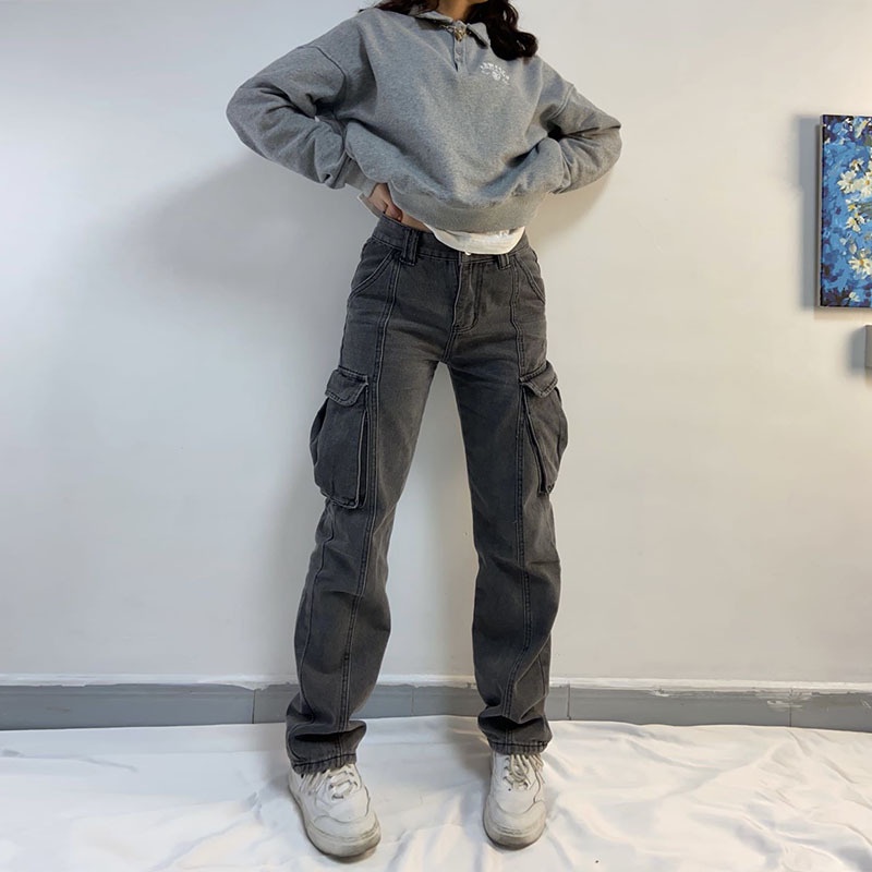 Mujer Pantalones De Carga Recta Cargo Jeans Cintura Alta Retro Streetwear | Shopee México