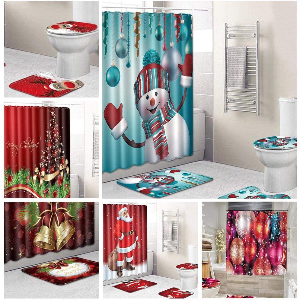 Baño de Cortinas de Ducha de 4 Piezas con Alfombra Antideslizante Tapa de Inodoro Alfombra de Baño con 12 Ganchos para El