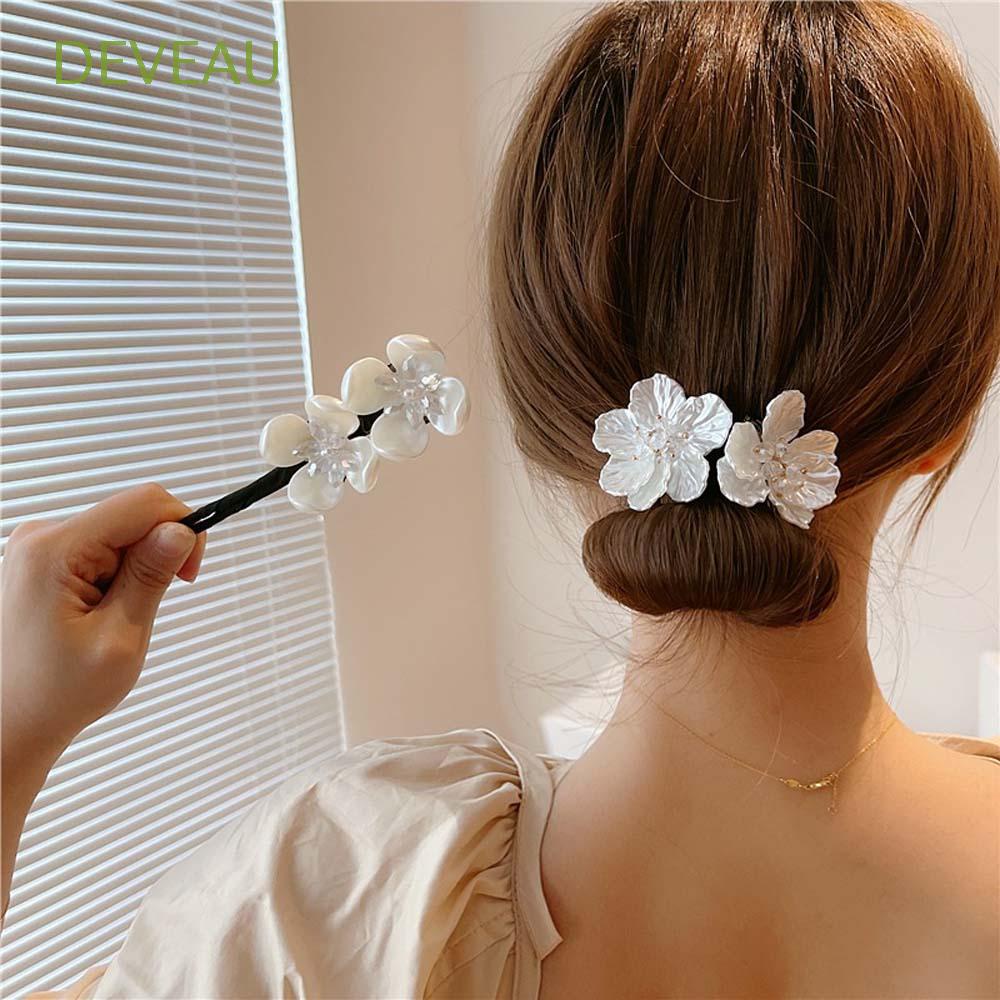 DEVEAU Mujeres Artefacto de plato de pelo perezoso Primavera Pin de pelo  con lazo de perlas Fabricante de bollos Estilo salvaje Flor de concha Salón  Herramienta de peinado del cabello coreano Niña