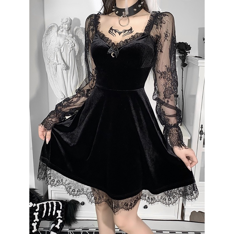 Goth Oscuro Velour Gótico Estética Vintage Vestidos De Mujer Encaje  Patchwork Grunge Negro Vestido De Manga Larga Una Línea De Otoño Ropa De  Fiesta | Shopee México