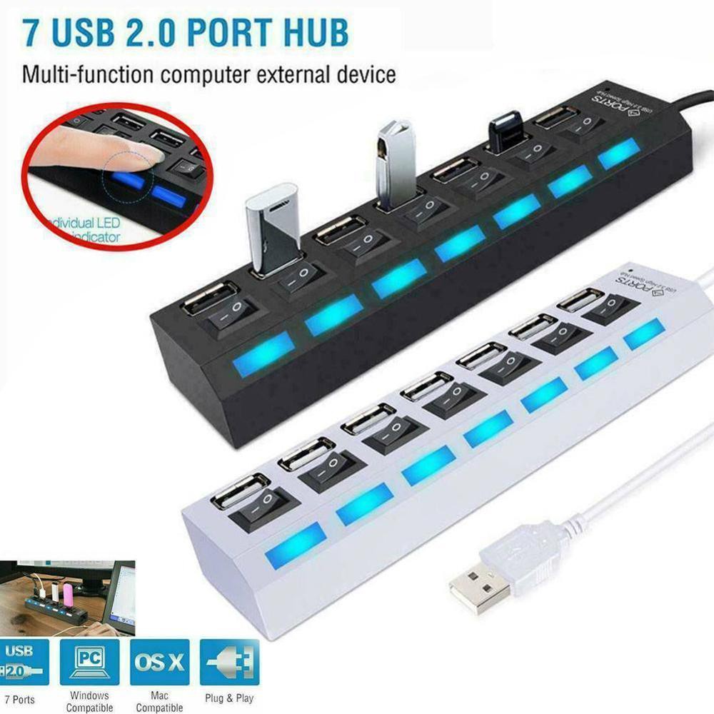 Junio1 7 Puertos LED Adaptador USB Hub Interruptor de Encendido/Apagado para PC portátil Hubs USB 