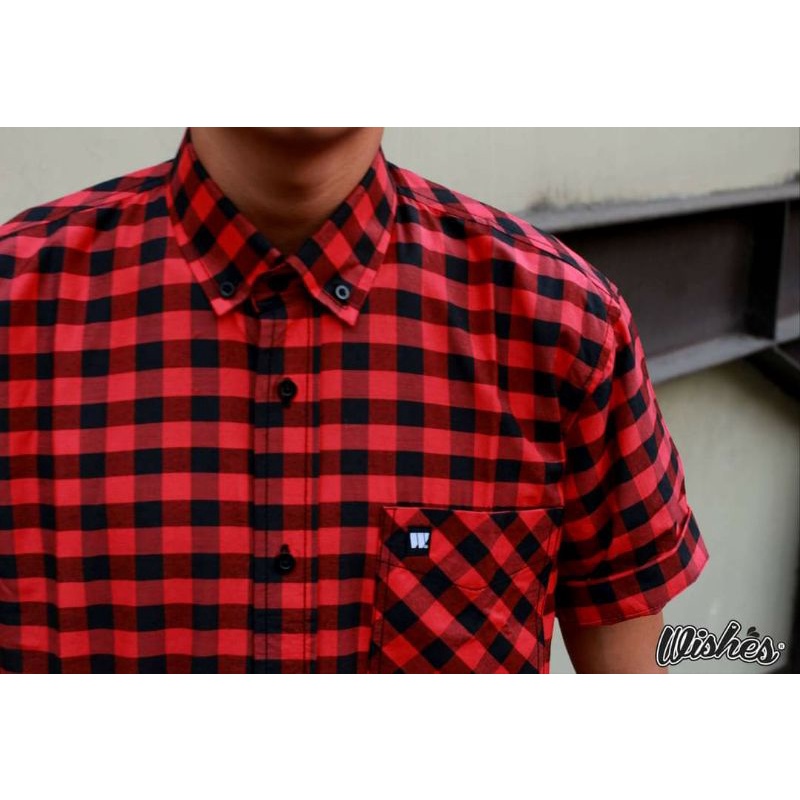Camisas de hombre, de manga corta, camisas cuadros, GINGHAM rojo negro | Shopee México