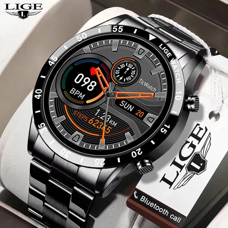 LIGE Reloj inteligente a prueba de agua Pantalla táctil completa acero inoxidable Reloj deportivo de fitness Llamada bluetooth Reloj inteligente para hombres