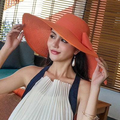 Sombrero de Paja Diseño de Moda Mujeres Adultas Verano Protector Solar Tejido clásico Señoras Sombrero de Playa Plano Sombrero Plegable Sombrero ala Ancha Beige GEMVIE 