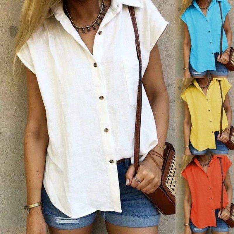 Camisas para Mujer Casual Algodón Lino Manga Corta Botón abajo Solapa Color sólido Verano Camisetas Blusa 