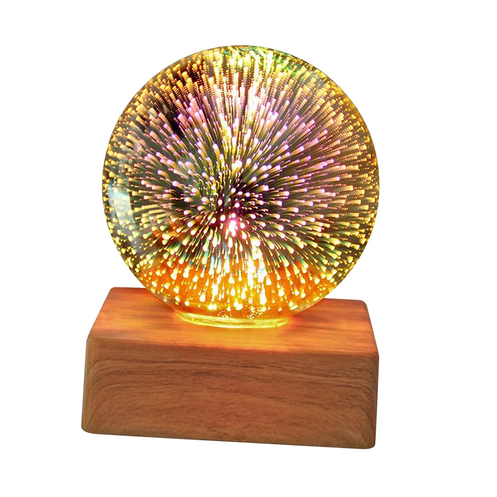Colorido 3d fuegos artificiales de vidrio pelota luz nocturna con madera base festival Decor