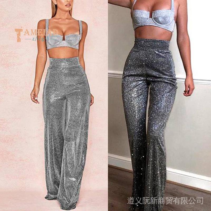 En stock] � Sier Lentejuelas Mujeres Pantalones De Cintura Alta Pierna  Ancha Mujer Invierno Y Casuales Acampanados Gris S | Shopee México