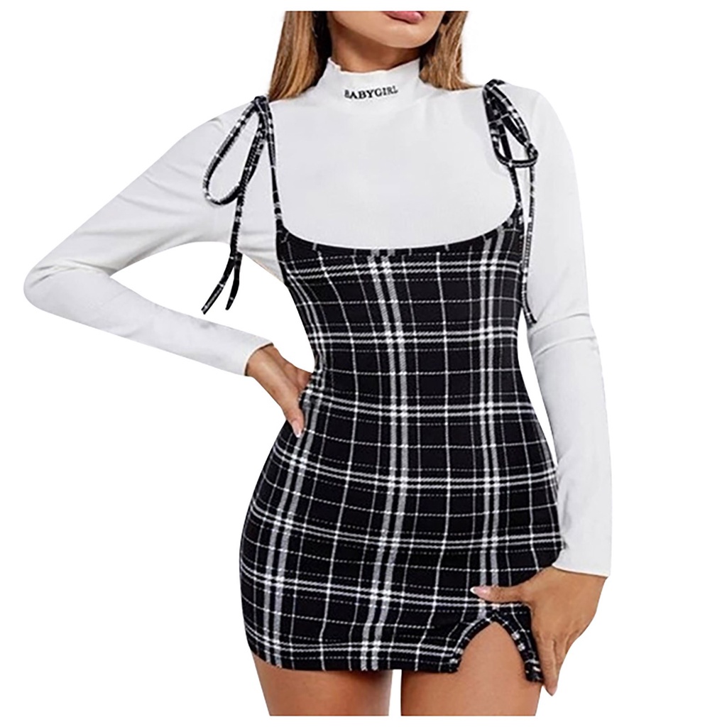 Mujer moda cuadros Sexy falda liguero con Split glúteo vestido versátil |  Shopee México