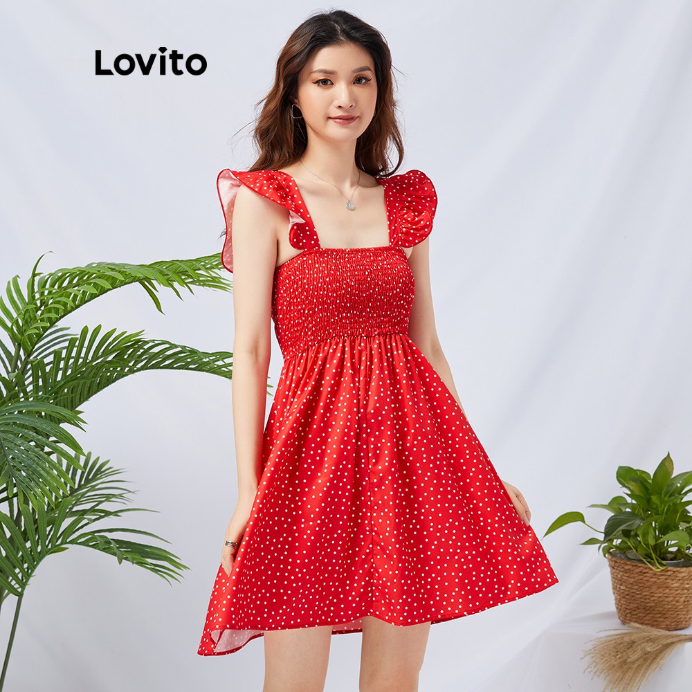 Lovito Boho Liso Cuello Cuadrado Puff Manga Vestido L11D36 (Rojo