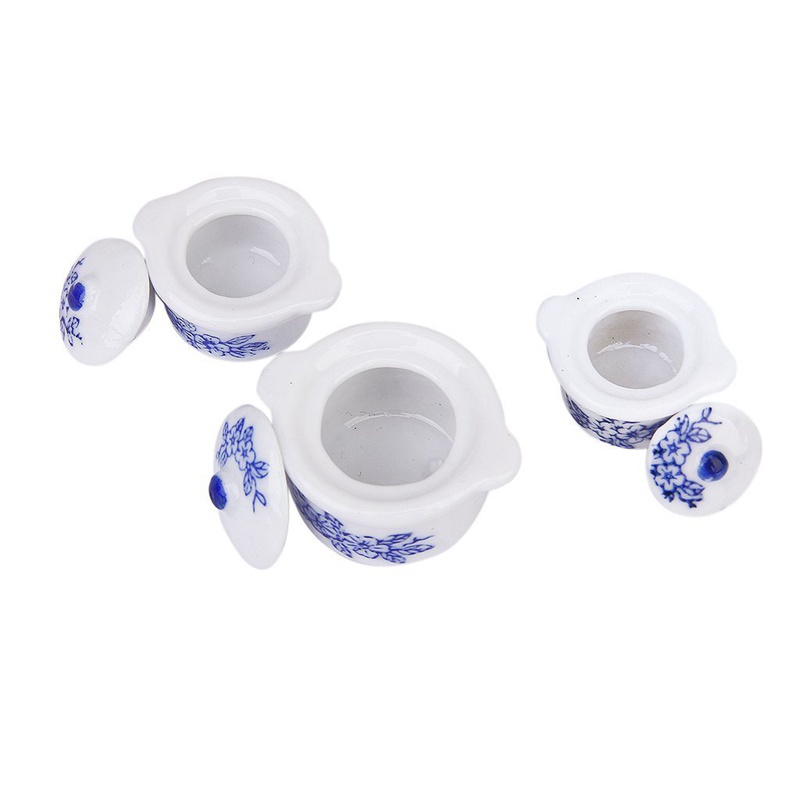 SODIAL R Juego de 3 piezas Olla de sopa miniatura de casa de munecas Dispositivo de porcelana de patron de arandano de cocina 