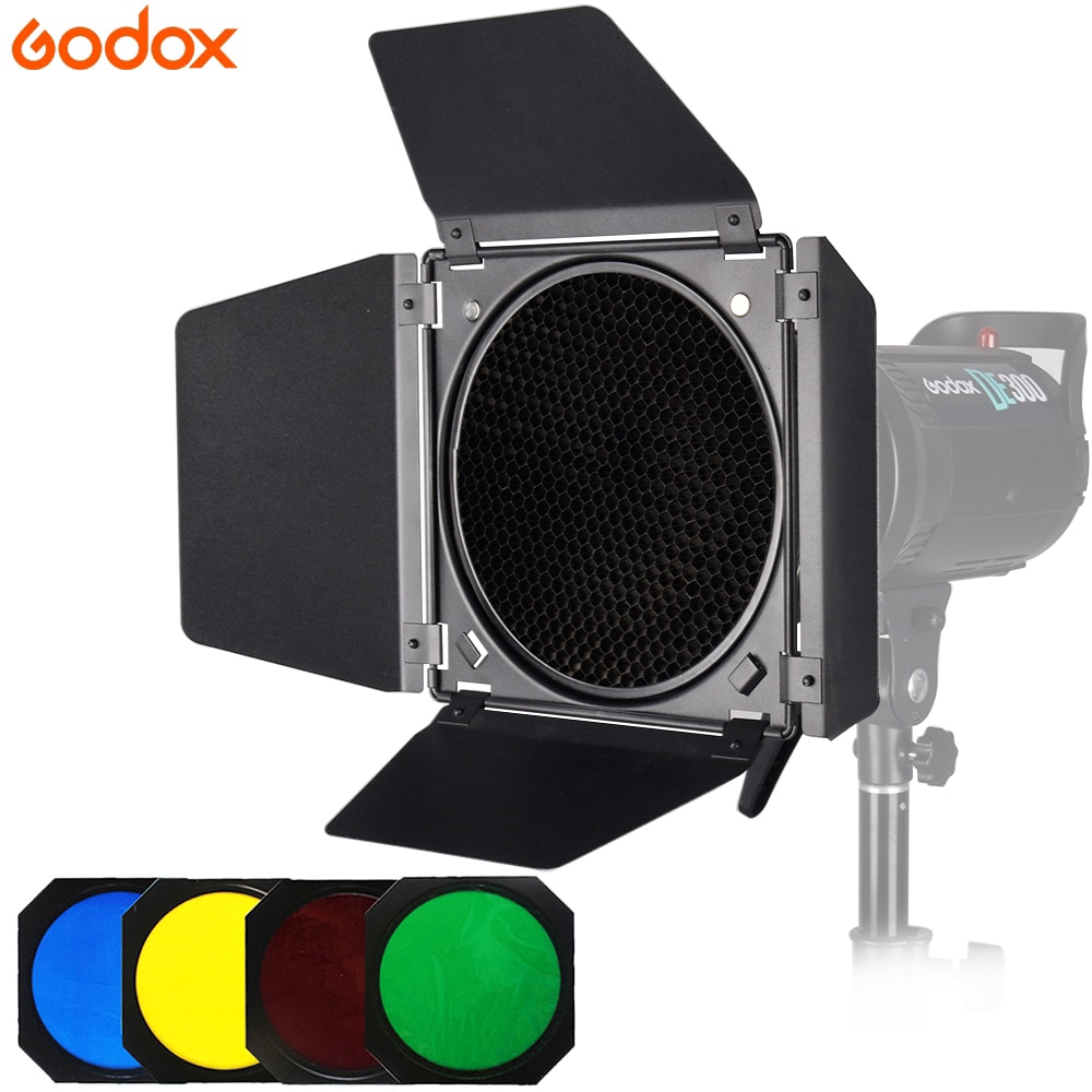 GODOX BD-04 Puerta de Granero Solidly Kit para 7 Estándar Reflector con Rejilla de Nido de Abeja y Cuatro Filtros de Gel de Color BD04 