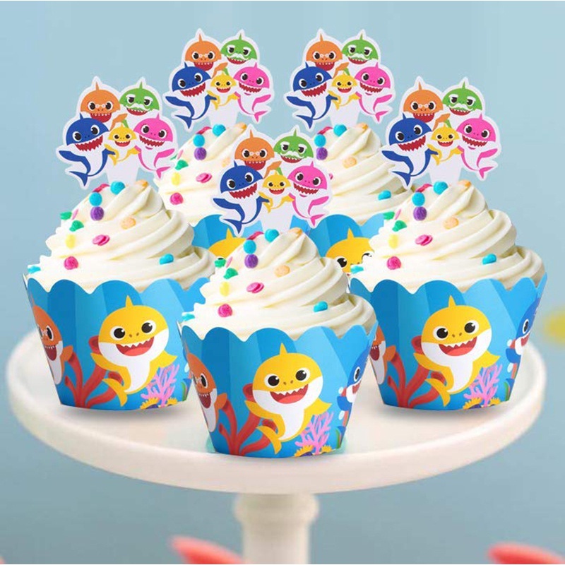 12 Sets BABY SHARK the paper birthday cake was lined with CARDS party  dessert table decoration | Shopee México
