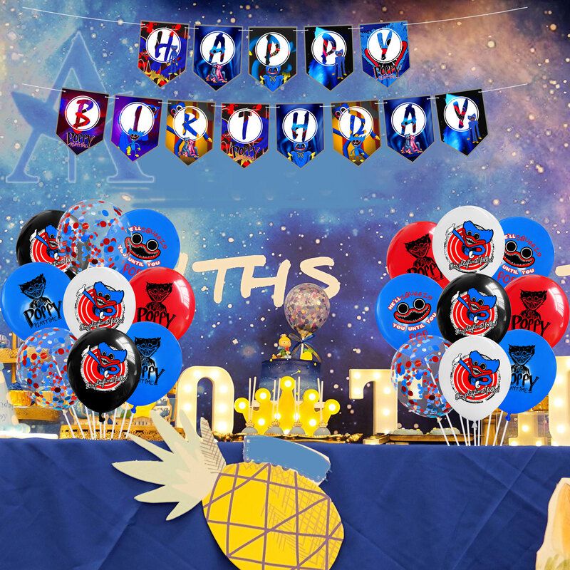 Decoraciones de Cumpleaños Globos de Huggy Wuggy Globos Poppy Playtime Pancarta de Feliz Cumpleaños Adorno para Pastel Decoraciones Suministros para Fiestas Temáticas 