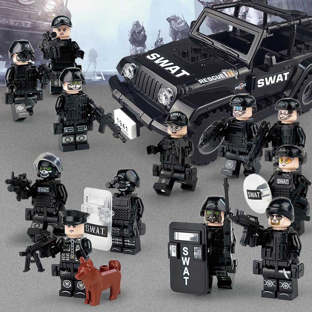 12 SWAT + Jeep + Weapons +Police Dog Mini Figures  Military Set Fit Lego New