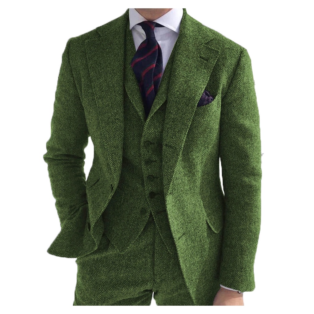 3 Piezas Traje de Espiga Tan Tweed Comprobar los Hombres en Verde Verde Oliva Retro 