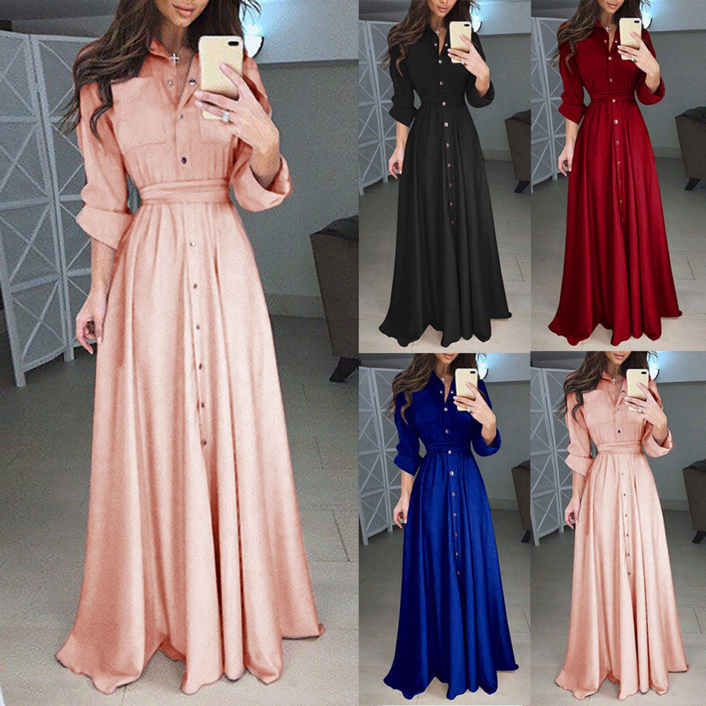 Mujer señora Casual moda manga larga solapa Maxi vestido sólido camisa vestido | Shopee