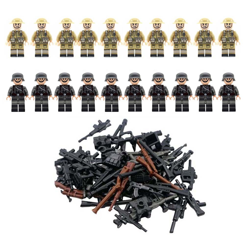 20pcs WWII GERMAN v BRITISH Soldiers + Weapons Mini Figures WW2 Military Set Fit Lego