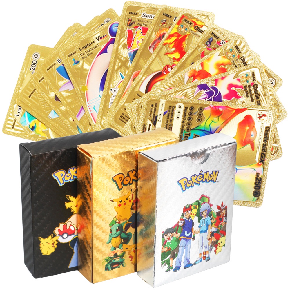 55 Piezas Juego De Cartas Pokemon Inglés/Español Colección Metal GX Tarjeta Charizard Golden Vmax Pet Sprite Card