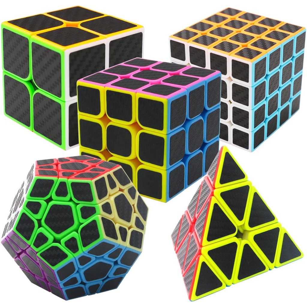Magic Cube Set Speed Puzzle Cubes 5 Pack Pyraminx + Megaminx + 2x2x2 + 3x3x3 + 4x4x4 Pegatina De Fibra De Carbono , Negro