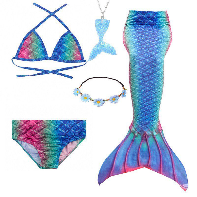 NAITOKE Cola de Sirena para niñas con Princesa de Sirena Disfraz Traje ​de baño de Cosplay para Nadar con Bikini y Monofin Juego de 4 
