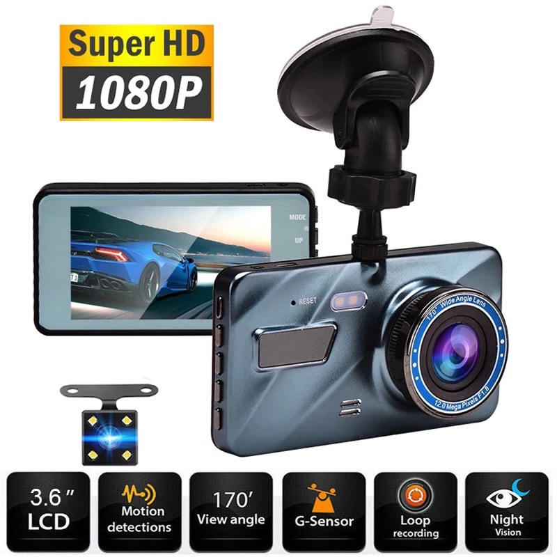 1080P HD coche Dash Cam Delantero y Trasero Cámara Grabadora de video con tarjeta SD de 32GB 
