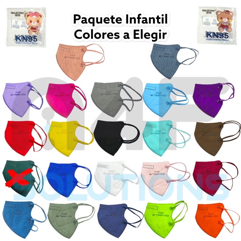 Ouldoeny Cubrebocas KN95 Colores Lisos Infantil Sin Válvula (Paq 20 Pz)