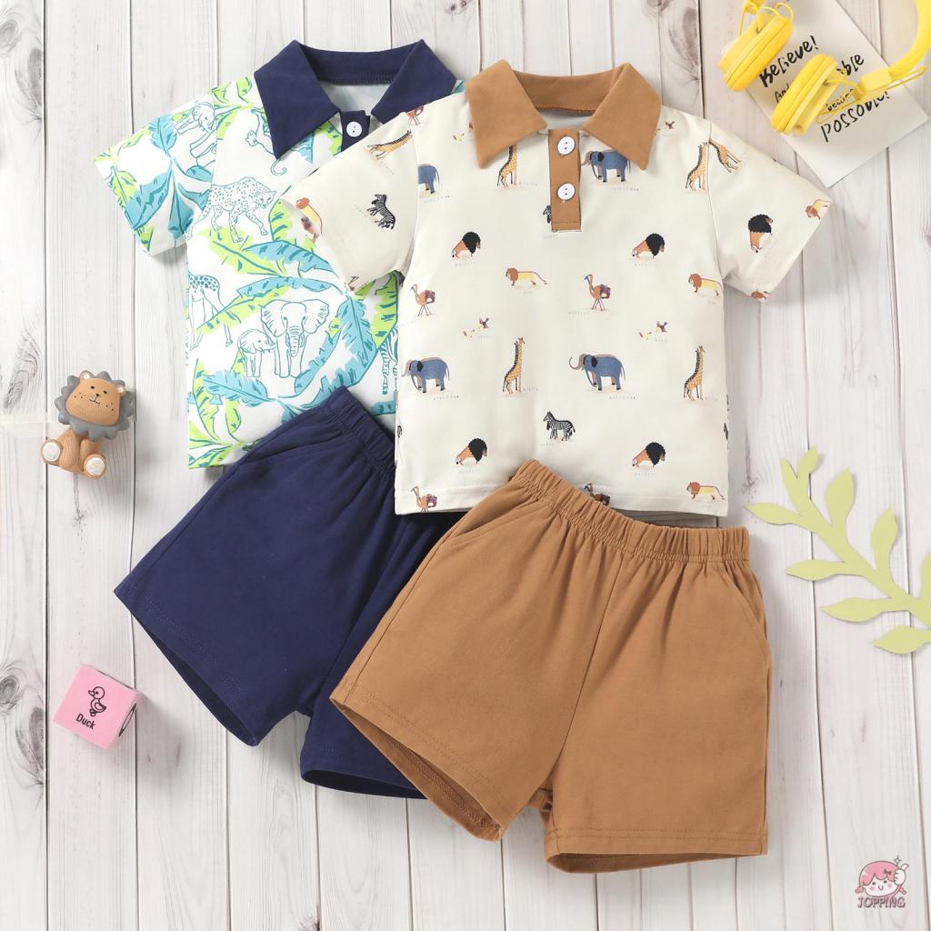 JOP7-Baby Boys Set Impresión De Dibujos Animados Solapa Manga Corta Cuello  Botón Tops + Pantalones Cortos Elásticos De Cintura Alta | Shopee México