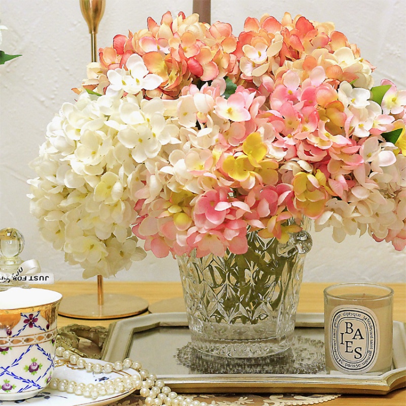 CXZC Cabezas de hortensia de seda con tallos Flores artificiales Ramo de seda falsa para la decoración del hogar del banquete de boda 