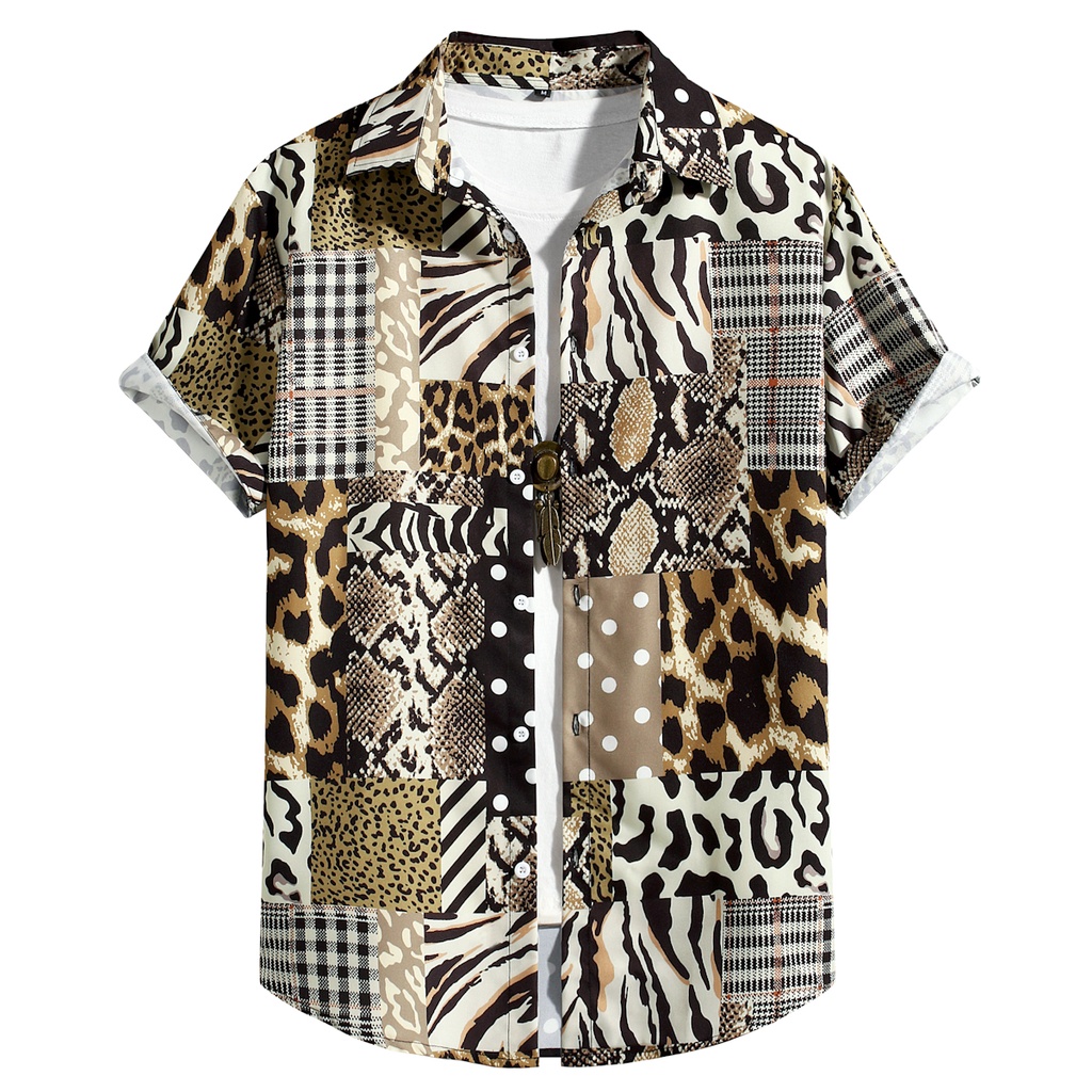He reconocido Marinero Apoyarse Blusa Hombres casual Camisa Estilo Vintage Poliéster Caqui Cuadros Tigre Leopardo  Manga Corta | Shopee México
