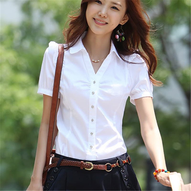 Suumer Mujeres Camisas Elegantes Cuello V Camisa De Moda Coreana Blusas De Algodón De Señora Blanca | Shopee México