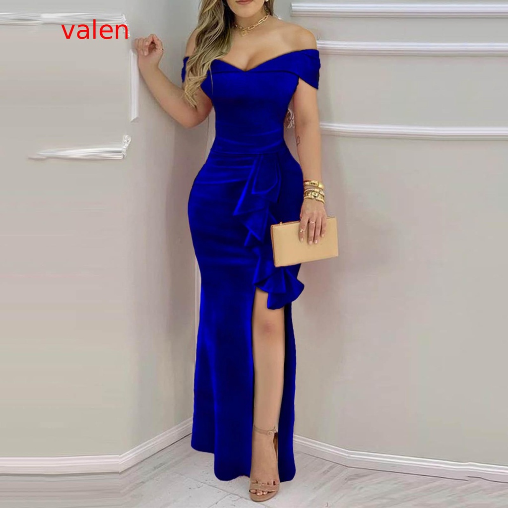 Vestido Largo De Terciopelo Con Volantes Con Hombros Descubiertos Elegantes  Para Mujer Formal De Noche Con Abertura Alta | Shopee México