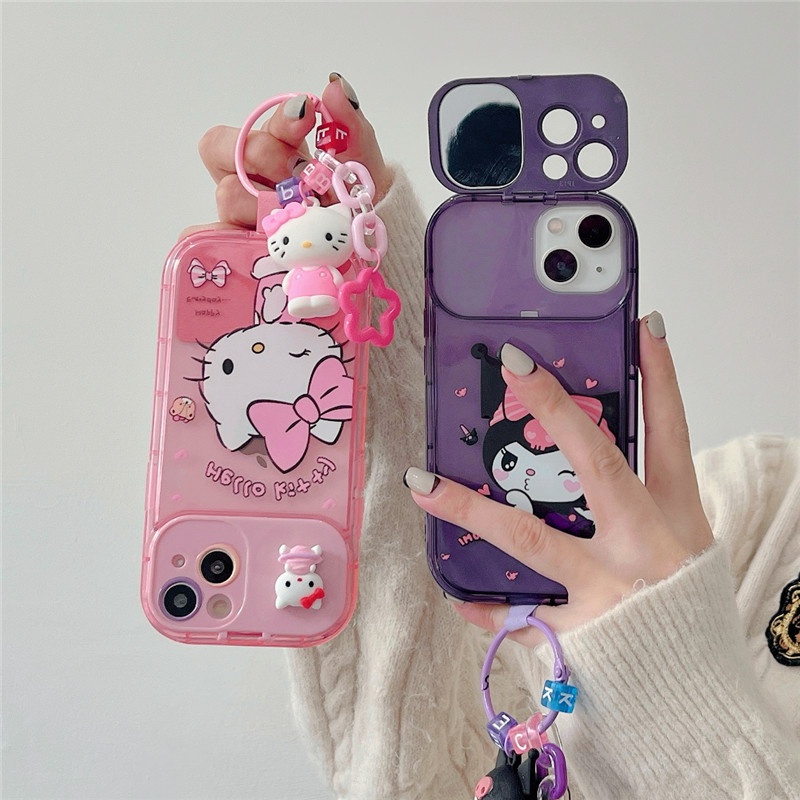 Funda Blanda Con Colgante Flip mirror stand De Hello kitty Kuromi De Dibujos Animados Para iPhone 14 13 12 11 Pro Max 14pro