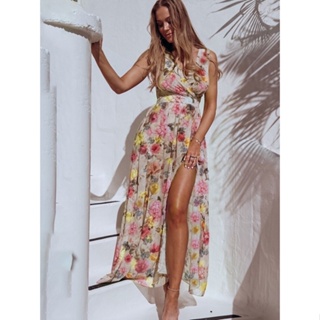Vestido De Gasa Rosa Elegante Señoras Impresión Flroal Split Playa  Vacaciones Largos Maxi Vestidos Para Las Mujeres Ropa De Verano Nueva  Llegada 2022 | Shopee México
