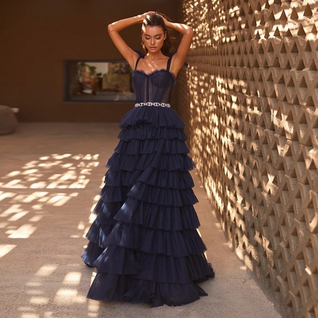 Lush Vestido De Tul Azul Oscuro Correa De Espagueti Novia Diamantes De  Imitación Cinturón Vestidos De Fiesta Túnica Larga Exuberante Noche Con  Tren | Shopee México