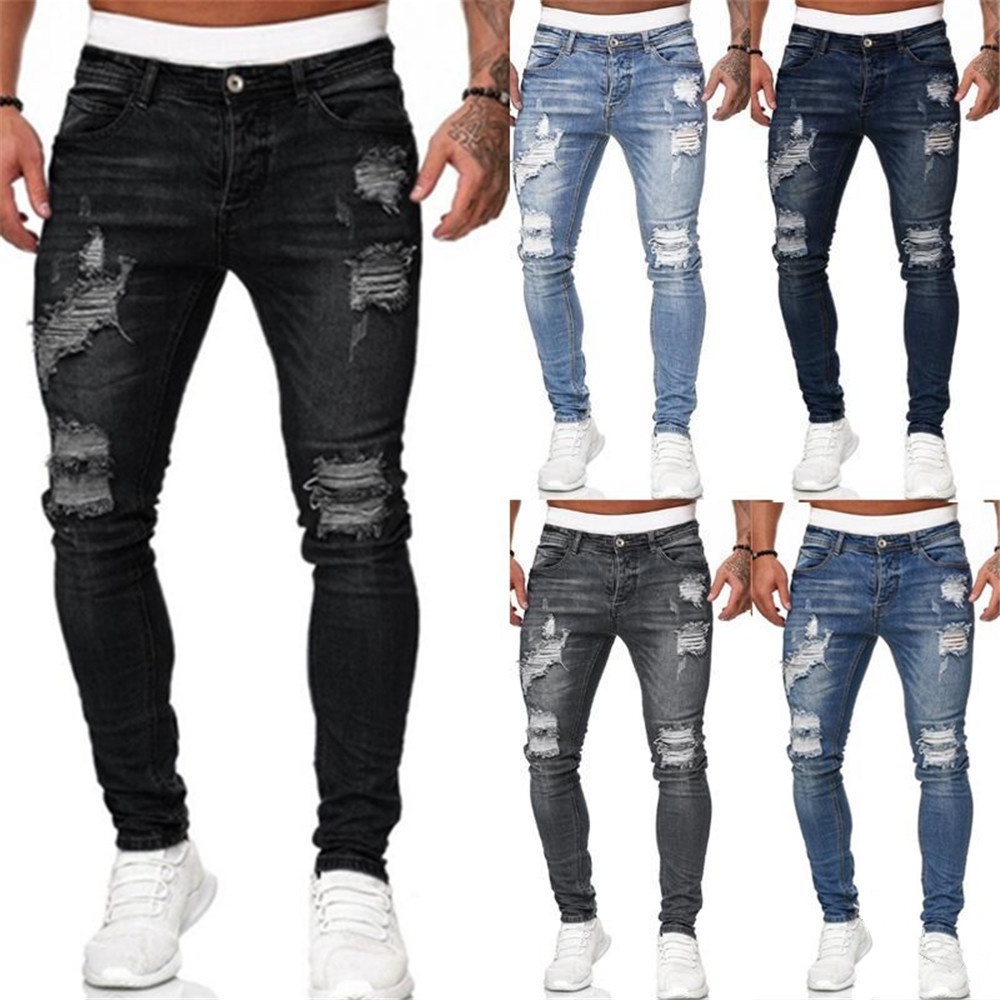 Crítica pianista famoso Streetwear Moda Negro Rasgado Jeans Hombres Skinny Slim Fit Azul Hip Hop  Denim Pantalones Casual Para Jogging Jean homme | Shopee México