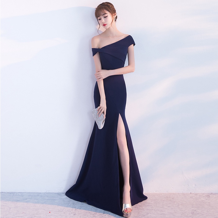 vestidos de fiesta largos Color de Un Solo Hombro Novia Versión Coreana  Moda Larga Sexy Cola de Pez Vestido de Noche Mujer Rojo Slim-Fit | Shopee  México