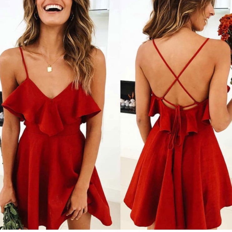 mini Vestido Corto Sin Espalda Con Volantes Rojo Para Mujeres Para Vacaciones De | Shopee México