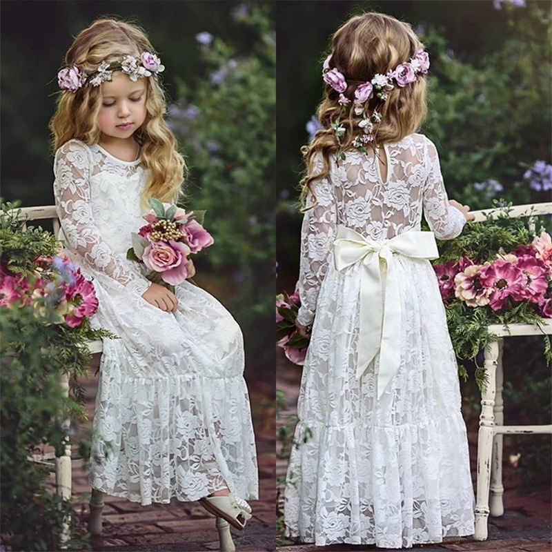 ♗ 2-12 Años Flor Niña Vestidos Blanco Beige Manga Larga Vestido De Verano  Comunión Niño Niños Bautizo Boda Dama De Honor | Shopee México