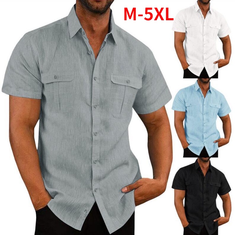 Camisas Negras Verdes Para Hombre Color Sólido Solapa Manga Corta Bolsillo  Botón Arriba Suelta M-5XL | Shopee México