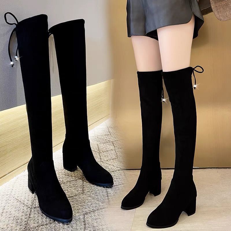 Botas de tacón grueso para mujer, botas elásticas de aspecto más delgado, botas de tacón alto, botas de gamuza de gran tamaño, botas sexys, tacones altos, botas puntiagudas, botas de dedo